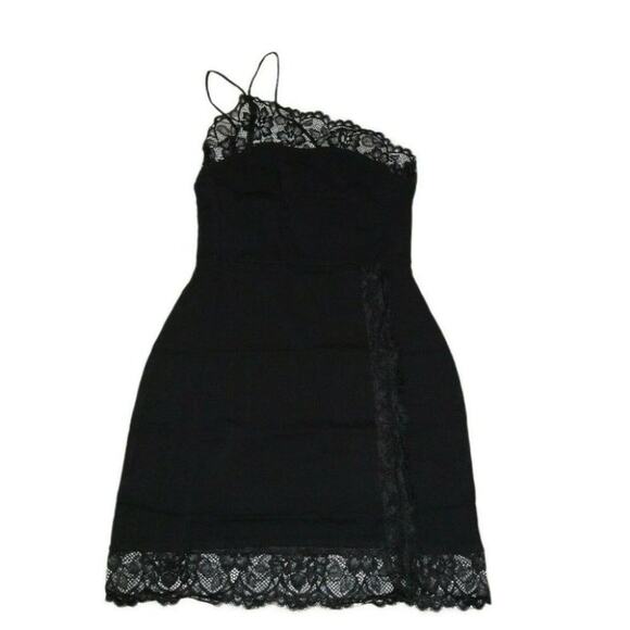 Free People Premonitions Mini Slip Dress XS Black Lace Trim One Shoulder Bodycon - Picture 12 of 16